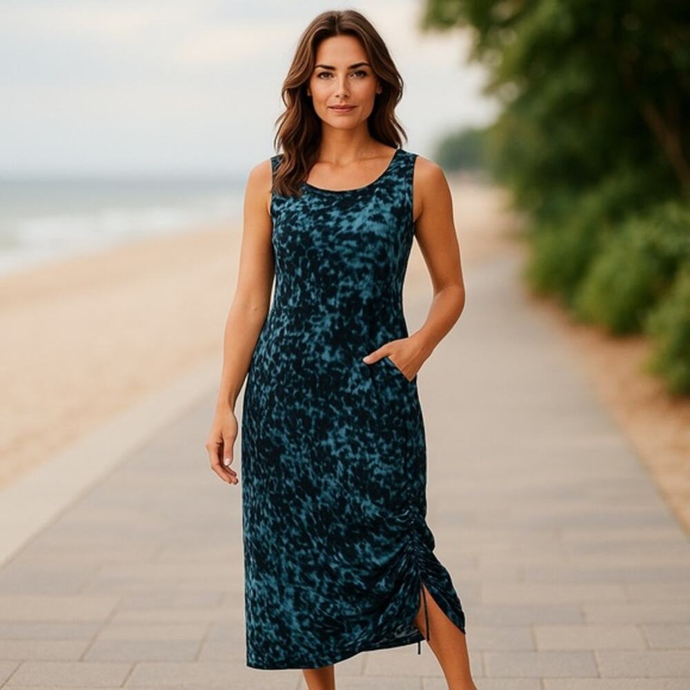 Soma Womens Dress Sz L Drawcord Sleeveless Maxi Dark Harbor Blue Black